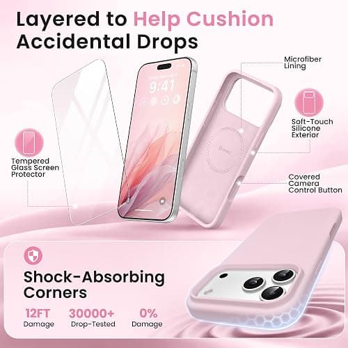 GONEZ Magnetic for iPhone 17 Pro Case, [Compatible with MagSafe] Anti-Scratch Microfiber Lining & Screen Protector, Silicone Camera Control, Shockproof Slim Phone Cover 6.3 inch, Pastel Pink thumbnail 4