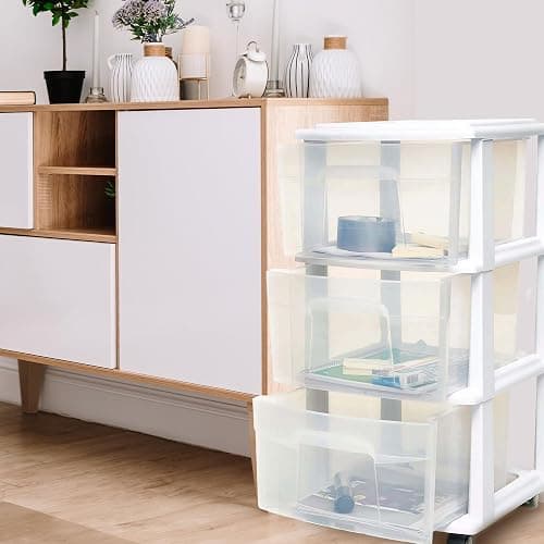 HOMZ Drawer Tower, 3-Tier Clear Plastic Storage Organizer Cart, White Frame - Heavy-Duty Organizing Drawers for Home, Bedroom, and Closet Organization thumbnail 2
