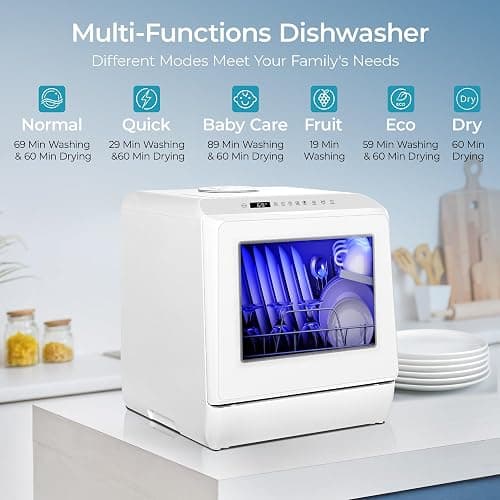 EUHOMY Countertop Dishwasher Portable with 6 Programs, 5L Built-in Water Tank for Apartments, 167℉ High-Temp, No Hookup Needed, Mini Dishwasher with Baby Care, Air Dry/Quick/ECO/Fruit/Normal, White thumbnail 3
