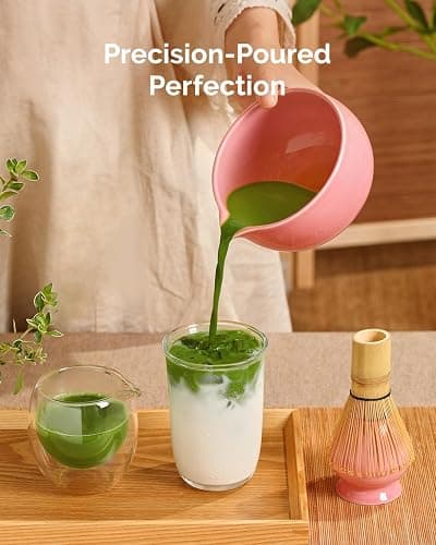 Maestri House Pink Matcha Whisk Set, 7-Pc Complete Matcha Kit with Spouted Ceramic Bowl, Bamboo Whisk and Holder, Scoop, Spoon Rest & Sifter, Tea Cloth – Ideal Gift for Matcha Lovers (Pink) thumbnail 6