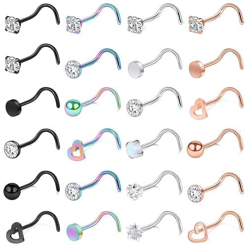 Yaalozei 18G 20G Nose Rings Piercings Hypoallergenic Nose Studs 316L Surgical Steel Heart Nose Rings L Shaped Straight Screw Nose Piercing Jewelry for Women Men Silver Black Rose Gold Colorful - Image 1