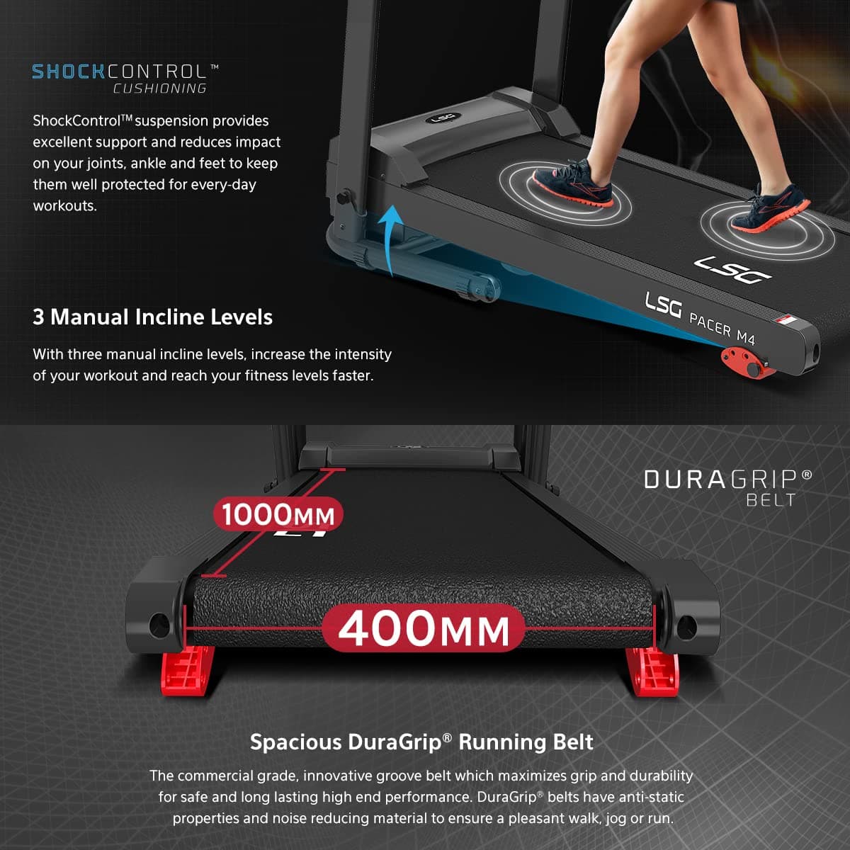 LSG Pacer M4 Treadmill with 12km/h Max Speed, 6 Preset Programs, 1.5CHP EverDrive® H2 Motor, DuraGrip® Running Belt, ShockControl Cushioning, 3 Manual Incline Levels & HydraAssist Soft Drop Folding thumbnail 6