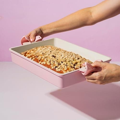 Paris Hilton Deluxe Roasting Pan Set, Heavy Duty Nonstick Bakeware with Silicone Handle Grips, 13"x9", Pink thumbnail 2