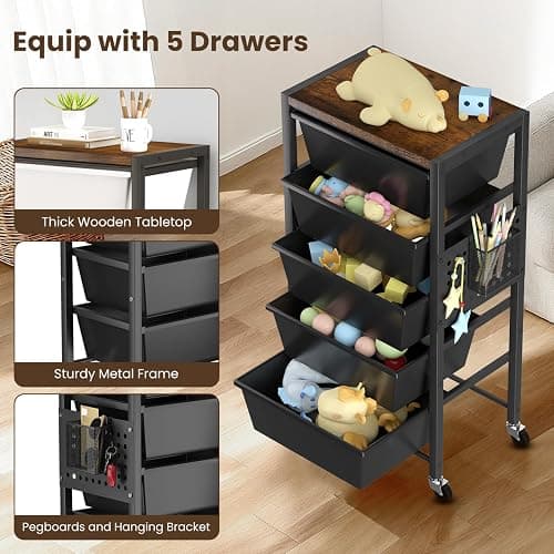Rolling Cart with 5 Drawers, Plastic Drawer Storage Carts with Wheels & Wooden Tabletop, Metal Utility Cart with Pegboards, Office Living Room Classroom Craft Organization and Storage, Dark Black thumbnail 5
