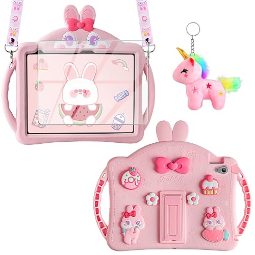 WESADN for iPad 10th Generation Case 10.9 Inch 2022 Kids Girls for iPad A16 Case 11th Gen 11 Inch 2025 with Screen Protector Shoulder Strap Kickstand Keychain Cute Rabbit Silicone Tablet Cover,Pink - Image 1