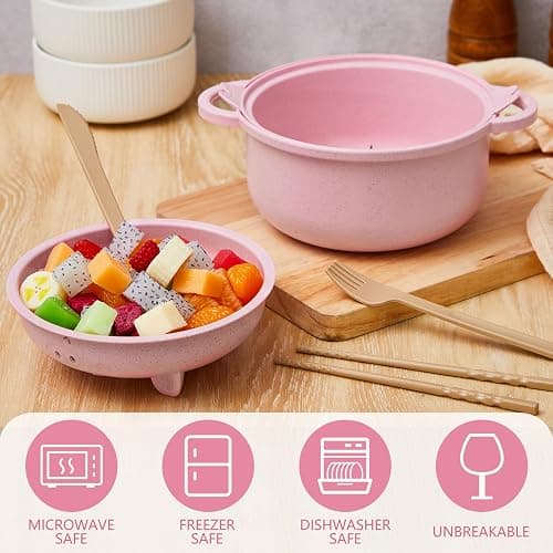 Romooa 1 Set Large 45oz Cute Ramen Bowl Set Microwavable Pig Ramen Noodle Cooker Wheat Straw Bowl with Strainer Lid Spoon Chopsticks Fork Back to School Gift for Dorm College (Pink) thumbnail 6