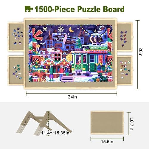Jigsaw Puzzle Board 1500 Pieces, 2-in-1 Tilting and Rotating Puzzle Board with Drawers and Cover, Wooden Portable Puzzle Board for Adults, Board Game Table for All Ages thumbnail 3
