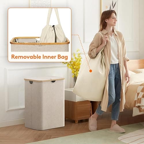 Lifewit 150L Laundry Basket with Lid, Clothes Hampers for Laundry with Bamboo Handles and 2 Removable Bag, Large Foldable Laundry Hamper for Bedroom, Bathroom, Dorm, Laundry Room, Beige thumbnail 4