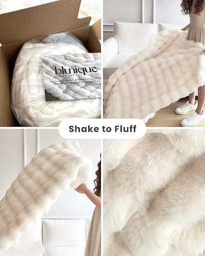 blunique Ultra Soft Cozy Faux Fur Throw Blanket, Fuzzy Plush Thick Bubble Blanket, Oversize Luxury Fluffy Blanket for Couch, Bed, and Living Room, 60x80 Inches, Cream White thumbnail 4
