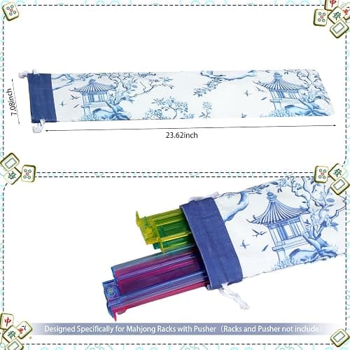 Sunnymove Empty Mahjong Bags Set for Tiles and Racks 24x13x4.7 Inch American Mahjong Carrying Bag Tote Tiles Bag Drawstring Protective Sleeve for Rack Pusher Party Travel, Case Only (Blue Chinoiserie) thumbnail 6