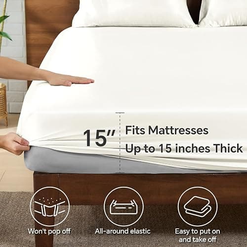 BEDELITE Satin Fitted Sheet Queen Size with Elastic Corner Straps, Ivory | Luxury Soft Silk-Like 1 15 Inch Deep Pocket Fitted Sheet Only, Soft and Cooling, Reduces Friction, Gentle on Hair and Skin thumbnail 5