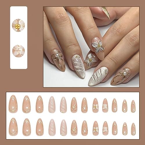 RUOKEXIN Almond Press on Nails Medium Length Fake Nails Fall False Nails with Designs Silver Glitter Full Cover Nail Press ons Sparkly Acrylic Artificial Nails for Women 24Pcs thumbnail 6