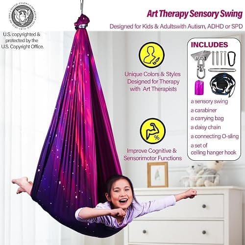 Sensory Swing for Kids & Adults Holds up to 300lbs Indoor & Outdoor Double Layer Therapy Cuddle Swing with 360° Swivel Hanger Kit for Calming, Effect for Autism, ADHD or SPD. (Galaxy Purple) thumbnail 2