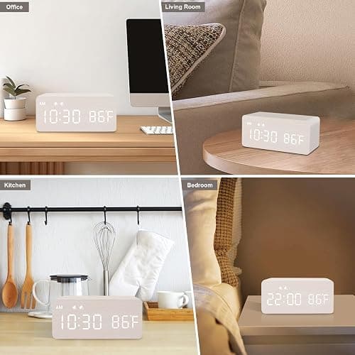 MOSITO Digital Wooden Alarm Clock with Wireless Charging, 0-100% Dimmer, Dual Alarm, Weekday/Weekend Mode, Snooze, Wood LED Clocks for Bedroom, Bedside, Desk, Kids (White) thumbnail 7