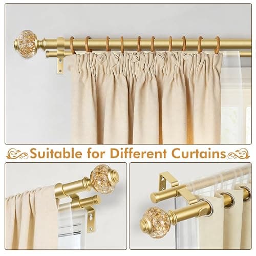 1 Inch Gold Double Curtain Rods 36 to 72 Inches (3 to 6 ft), USFOOK Drapery Rods for Windows, Telescoping Dual Curtain Rod with Luxury Translucent Finials thumbnail 4
