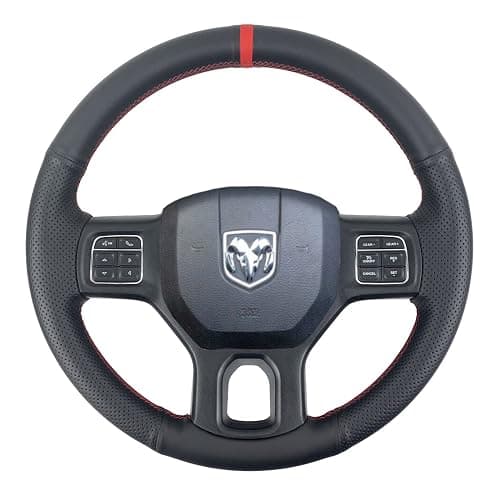 Black Side Perforated Leather Red Marker Steering Wheel Protector Cover Hand-Stitch on Wrap Fit for Dodge Ram Heavy Duty 1500/2500/3500/4500/5500 2013-2019 (Red Mark Strip) - Image 1
