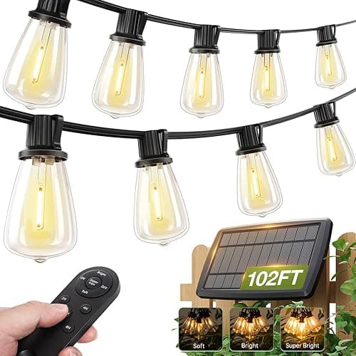 addlon 102(96+6) FT Solar String Lights Waterproof,Patio Light Solar Powered with Remote & USB Port 3 Modes, 30+2 LED Shatterproof Bulbs Outdoor Lighting for Camping Backyard Garden - 96+6FT