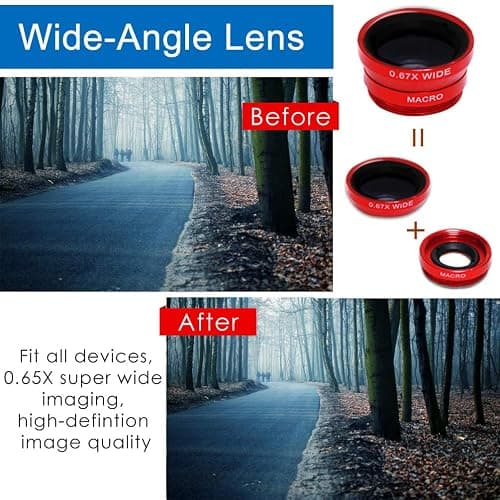 KINGMAS 3 in 1 Universal Fish Eye Lens + Wide-Angle Lens + Macro Clip Camera Lens Kit for iPad iPhone Samsung Android and Most Smartphones red thumbnail 6
