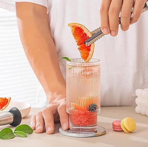 AFINSEA 16OZ Ribbed Glass Cups with Lids and Straws,Iced Coffee Cups with Lid,Vintage Glassware for Whiskey Cocktail Beer Fruit Juice Glasses Tumbler(1Pack) thumbnail 5