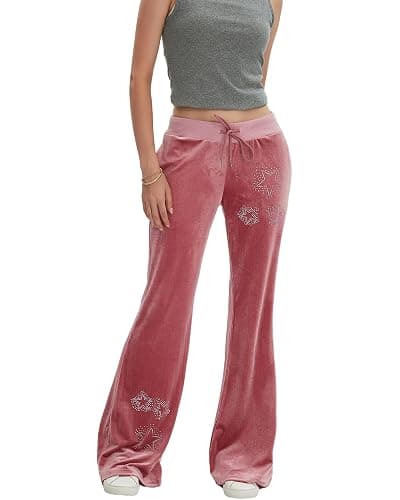 Bosloga Velvet Star Rhinestone Flare Pants for Women, Bootcut Low Rise Drawstring Bell Bottoms, Y2K Streetwear - Image 1