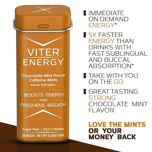 Viter Energy Caffeinated Mints 40mg Caffeine, B Vitamins, Sugar Free. (Chocolate Mint, 20pcs, 6 Pack) thumbnail 4