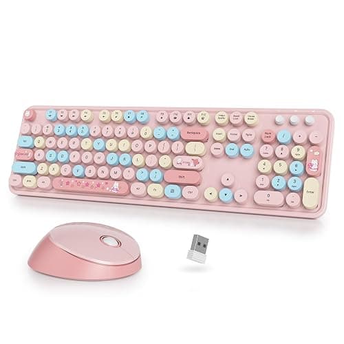 SbocKeeb Pink Keyboard and Mouse Wireless, American QWERTY Cute Typewriter Wireless 2.4GHz Colorful Full Size Keyboard with Number Pad, for Windows PC Laptop,Colorful Pink - Image 1