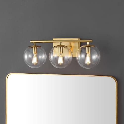 SAFAVIEH Lighting Collection Charlene Brass/Clear Glass Globe Shade 3-Light Wall Sconce Light Fixture, Ideal for Bathroom, Entryway, Vanity Over Mirror, Foyer, Living Room (LED Bulbs Included) - Brass - Image 1