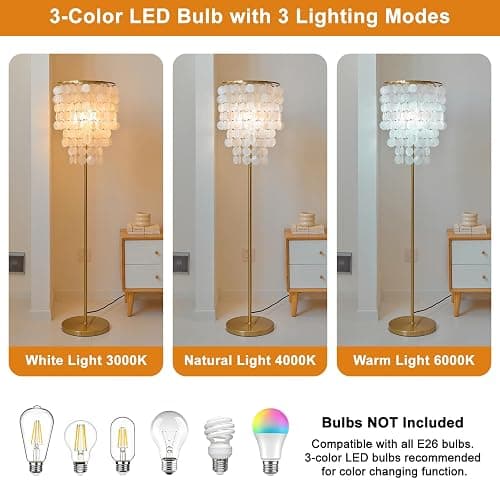 Monikessy Capiz Shell Floor Lamp Elegant Modern Floor Lamp with Gold Finish | 57" Coastal Seashell Standing Lamp, Plug In, Foot Pedal Switch, 3 Color Tempareture, Easy Assembly thumbnail 5