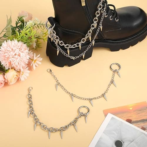 Molain 4 Pcs Silver Punk Boot Chains, Rivet Cone Spike Boot Charms, Metal Shoe Chains Shoe Charms Decorations with Detachable Clasps for Booties Sandals Sneakers thumbnail 2