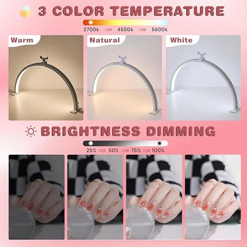 eccuslon Half Moon Light for Nail Desk with Phone Holder, 29" 50W Professional Desk Lamp with 3 Color Temperatures & Dimmer, Multi-Purpose Lighting for Eyelash Extensions, Nail Art, Tattoos, Reading thumbnail 3