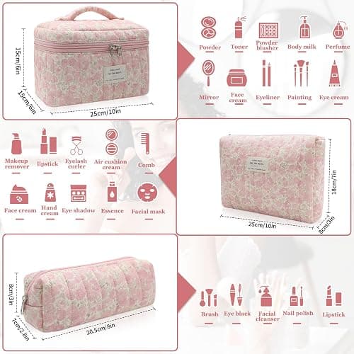 3pc Makeup Bag Set, Quilted Makeup Bag Set, Large Floral Cosmetic Bag for Women, Cute Cotton Makeup Bags, Flower Travel Toiletry Organizer Bag (Pink Crushed flower) thumbnail 3