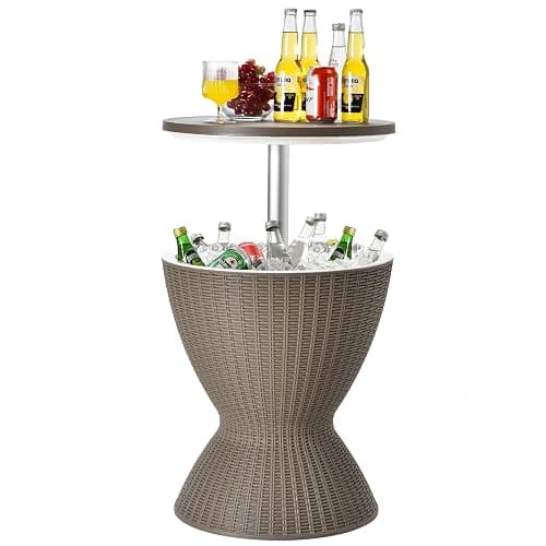 Byroce Outdoor Cooler Side Table, Patio Bar Table w/ 8 Gallon Beer & Wine Cooler, Rattan Style Pool Side & Hot Tub Table, All-Weather Cocktail Table for Parties, Backyard, Deck - Light Coffee - Image 1