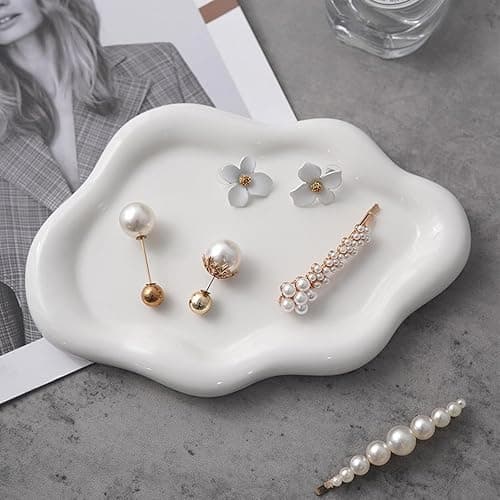BESSKON Small Jewelry Dish for Women, Gifts for Mom, Ceramic Jewlery Tray Ring Holder, Vanity Ring Dish Cute Cloud Tray, Nightstand Decor Trinket Bowl for Earrings, Perfume, Keys, White Jewelry Plate thumbnail 5