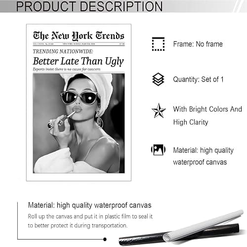 Beshdomp Vintage Better Late Than Ugly Newspaper Posters Black And White Canvas Wall Art Magazine Headline Preppy Prints Painting For Bathroom Home Bedroom Dorm Wall Decor 8x10in Unframed thumbnail 2