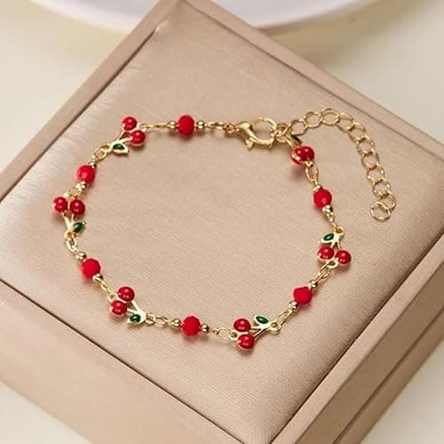 Gold Cherry Bracelet for Women Dainty Cherry Chain Bracelet Colorful Evil Eye Heart Link Bracelet Adjustable Summer Beach Jewelry thumbnail 6