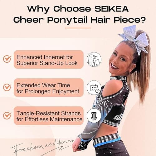 SEIKEA Cheer Ponytail Hair Piece, 18" Straight Cheerleader Hairpiece Ponytail Extension for Cheer Competitions, Dance, Costume, Dress up, Soft Natural Look for Teens Girls Blonde thumbnail 3