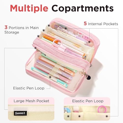 Sooez Large Pencil Case Pouch,Extra Big Pencil Bag with 8 Compartments,Pen Bag Wide Opening,Soft Quilted Pencil Pouch Organizer with Zipper,Portable Pencil Case for Teen Girls,Beige - Beige thumbnail 6