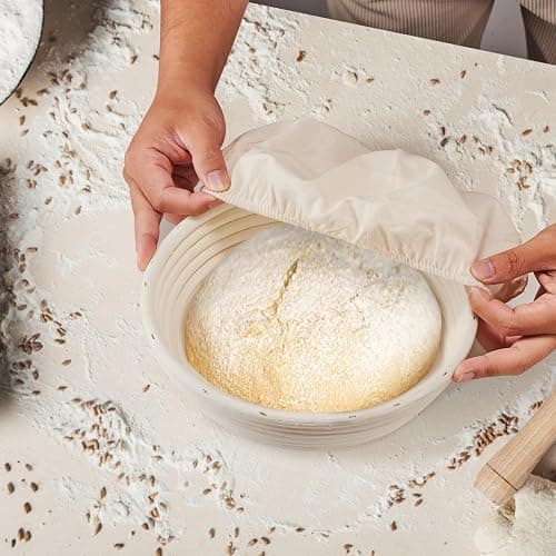 Dimpola Banneton Bread Proofing Basket - 9 inch Banneton Basket Set of 2 Sourdough Proofing Basket Round Proofing Bowls Handmade Rattan Baskets and Liners thumbnail 2