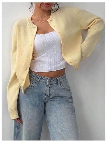 SOLY HUX Women's Button Down Long Sleeve Crewneck Crop Cardigan Sweater Cute Knitwear Clothes - Small - Mustard Yellow thumbnail 4