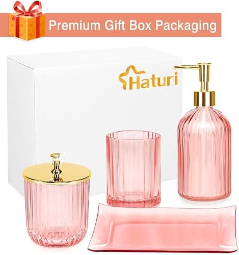 Haturi Bathroom Accessories Set, 4 Pcs Pink Glass Bathroom Accessories Sets Complete w/Lotion Soap Dispenser, Toothbrush Holder, Apothecary Jar, Vanity Tray, Bathroom Decor, Gift for Home Apartment | Kit w/ Bathroom Soap Dispenser Set, Toothbrush Holder, Qtip Holder, Vanity Tray, Pink Bathroom Decor, Gift for Home Apartment thumbnail 4