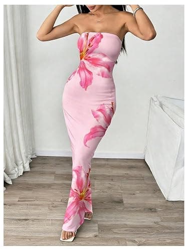 OYOANGLE Women's Floral Strapless Bodycon Maxi Dress Boho Sleeveless Slit Hem Vacation Tube Top Dresses thumbnail 4