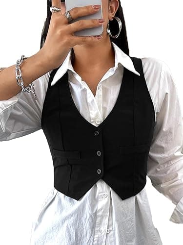 SweatyRocks Women's Solid Button Front Crop Waistcoat V Neck Sleeveless Blazers Vest Tops - Image 1