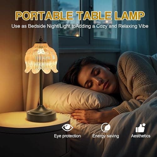 Crkwos Cordless Table Lamp, Rechargeable Amber Glass Lotus Flower Lamp | 5200mAh touch lamp with 3 color modes and stepless dimming, battery operated lamp for nightstands and kitchen counters thumbnail 6