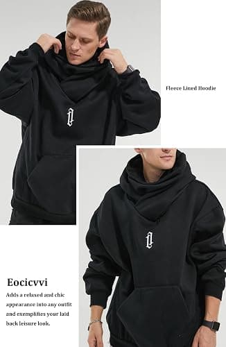 Eocicvvi Fleece Hoodies for Men Cowl Neck Sweatshirts Casual Pullover Fall Winter Loose Fit Tops with Embroidery thumbnail 2