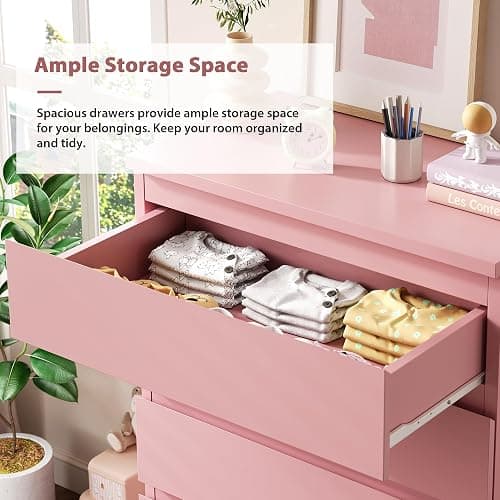 Jocoevol Pink 5 Drawer Dresser for Bedroom, 15" D x 23.7" W x 40.4" H in Simply Chest of Drawers, Wood Storage Dresser with Drawers for Living Room Hallway Entryway, Pink thumbnail 4