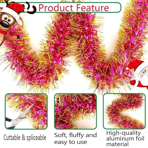 33Ft Long Rose Tinsel Twist Garland Shiny Thick Metallic Foil Xmas Tree Decorations for Birthday Party Christmas New Year Parties Parade Floats and Other Holidays Hanging Decor-(Rose+Gold) thumbnail 7