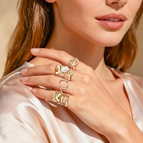 Gold-Tone Plate Chunky Rings for Women | Stackable Open Knuckle Rings, with Multiple Style Trendy Jewelry for Her thumbnail 7
