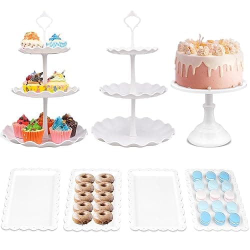 7 Pcs White Dessert Table Stand Set - 1Pcs Metal Cake Stand 2Pcs 3-Tier Plastic Cupcake Stands Cookie Tray Rack Serving Tray Cake Display Tower and 4 Dessert Trays for Wedding Party Baby Shower - Image 1
