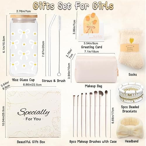 Gifts for Girls Teenage 9 10 11 12 13 14 Year Old, Christmas Birthday Gifts for Girls Age 8-15,Glass Cup with Lid and Straw,Makeup Brushes Cosmetic Bag Bracelets Socks Headband,Bow Coffee Cup Presents thumbnail 2