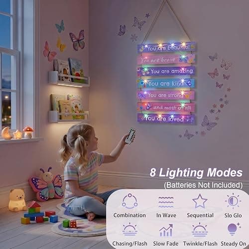 FIOBEE Girls Room Decor LED Light Wood Wall Motivational Sign Art for Kids | Bedroom Wall Art Decor, Inspirational Sayings, 8 Modes Glowing Lightup, Princess Posters, Studyroom Decoration thumbnail 5